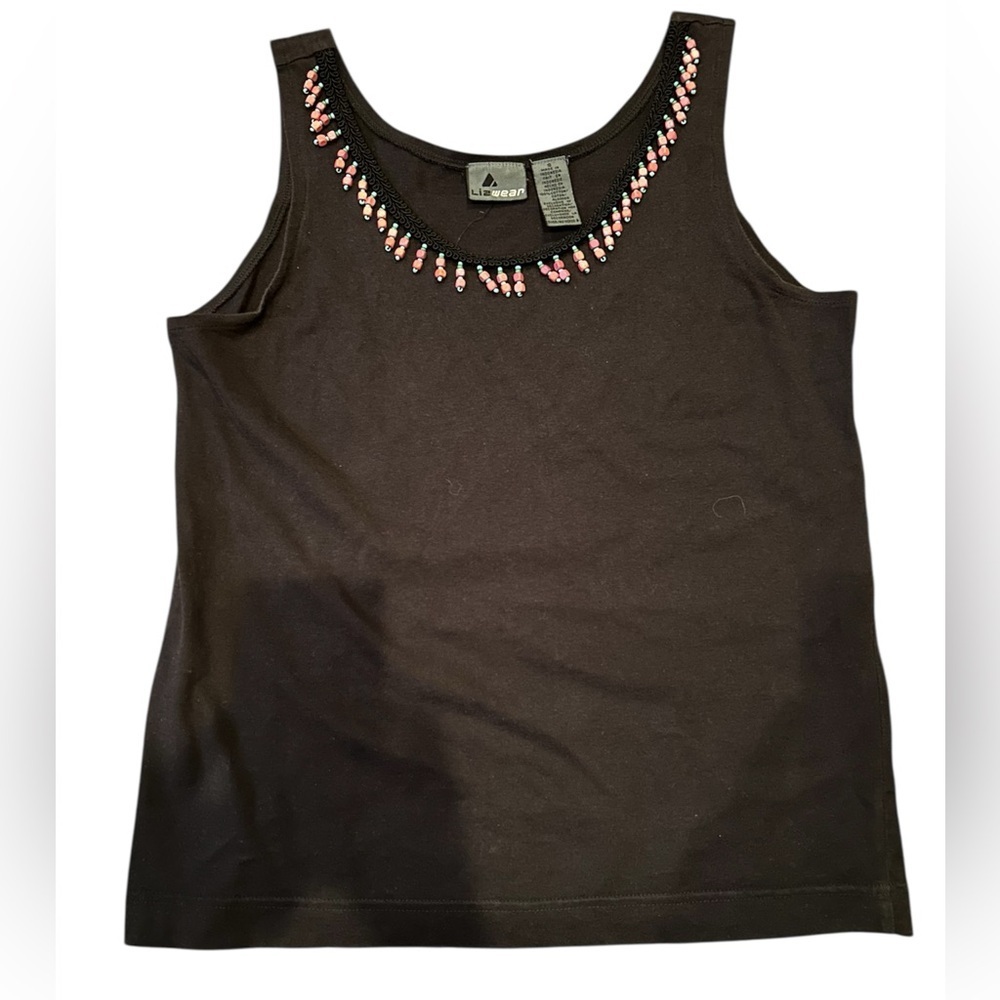 Vintage 90s Lizwear Black Beaded Women's Tank Top Southwestern Cotton